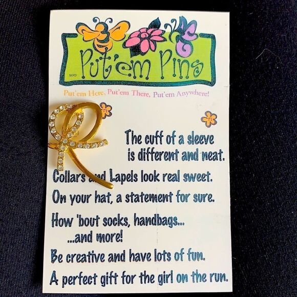 Vintage gold rhinestone ribbon pin back NOS - Picture 2 of 4